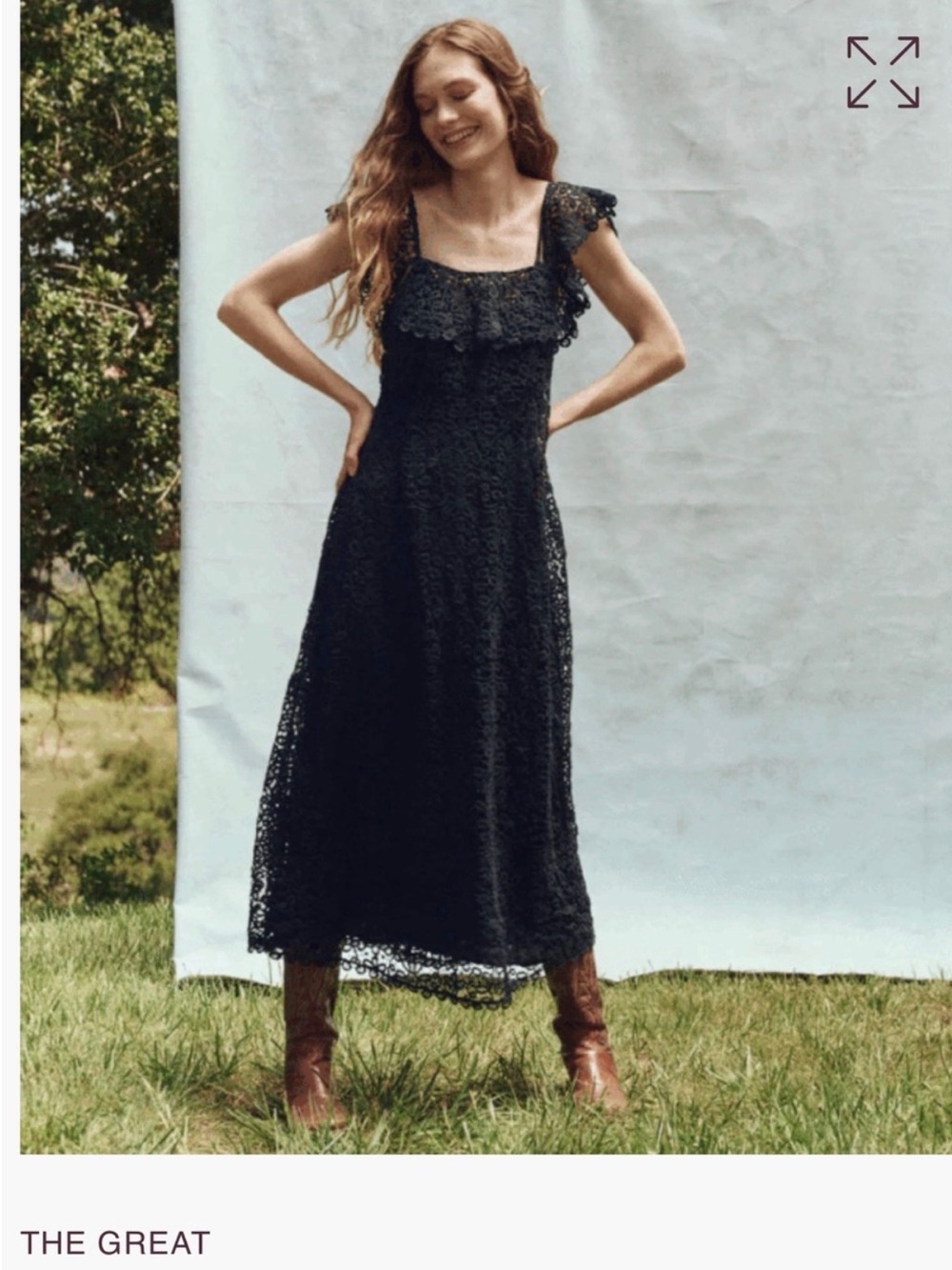 THE GREAT. Balcony Navy Lace Maxi Dress with Cap Sleeves